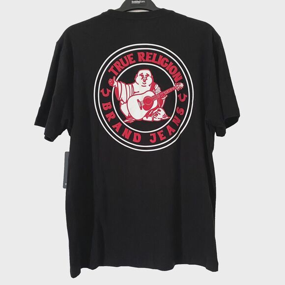 True Religion Men's T Shirt Black Graphic Buddha Logo Tee Short Sleeve Large NWT - Picture 1 of 9